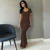 Zingj Summer New Women's Solid Color Temperament U Collar Short Sleeve Slim Long Dress