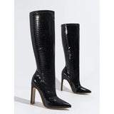 New Coarse Heel Medium Cylinder Elastic Inner Zipper Diamond Irregular Fashion Stone-Print Pointed Female