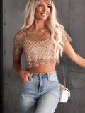 Women's New T-Shirt Pearls Short-Sleeved Summer Music Festival Party Sexy Lied