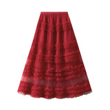Heavy Industry Lace Cake Skirt Long Skirt Sweet Wind High Waist Wood Ear Net Yarn Skirt
