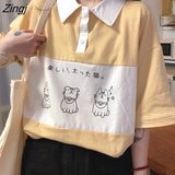 Womens Summer Button Turn-down Collar Patchwork Cartoon Printed Japanese Kawaii Preppy Style Students Cute Button