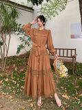Wooden Ear Collar Buckle Tie With Long Hollow Lace Splicing French Bubble Sleeve