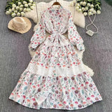 Retro Court Wind Hollow Lace Splicing Lantern Sleeve Collection Waist Single Buckle Print Dress 2025 Spring