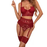Women Spaghetti Strap Patchwork Sexy Chic Eyelash Lace Garter Lingerie Set Sheer Plain Christmas