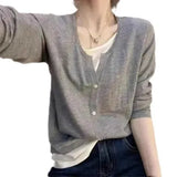 Two V-Neck Knitted Women's 2025 New Loose Thin Tops Long-Sleeved Sweater Bottom