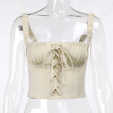 Ruched Lace Up Backless Camisole Tops For Women Elastic Sleeveless Front Cross Summer Slim Sexy Girl Cropped Top