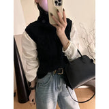 Zingj 2024 New European Goods Button High-Neck Knit Vest Female Retro Button Pure Color Rhomenge Vest Tide-Outfit