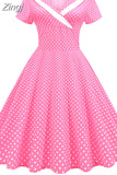 Women Summer Pink Polka Dot Party Dress Short Sleeve Sailor Collar Elegant Casual Vintage A-line Midi