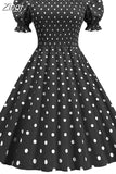 Dot Party Dress Elegant Women Summer Puff Short Sleeve Square Collar Elastic Waist Vintage Midi Sundress Casual