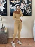 Women Yoga Jumpsuits Workout Ribbed Square Neck Long Sleeve Bodycon Rompers Sport Jumpsuits Skinny