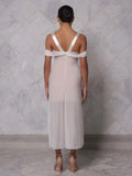 Silver Bustier Off-Shoulder Mesh Midi Dress- Outfit