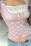 Y2K Sweet Pink Lace Crop Top Frills Patchwork Sexy Summer T shirt Women Harajuku Bow Transparent Korean Shirt