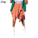 Women Plaid Print Irregular High Waist Knee Length Skirts 2023 Summer Holiday Streetwear Lace Up Waist