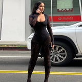 Zingj Women's Autumn / Winter New U Collar Long Sleeve Sexy Lace Elastic Jumpsuit Female