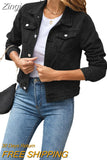 Women's Solid Color Denim Jacket Casual Long Sleeve Button Down Chest Pocket Jean Jacket Autumn