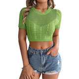 Shooting Spring And Summer Leisure Hollow Jasmine Short-Sleeved Knitted Jersey Holiday Short Umbilong Tops Women's