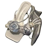 Summer New Pearl Flowers Fashion Square Head French Name High Heel Roman Sandals Women Sand