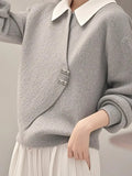Gray Fake Two Knitted Sweater Women's Autumn And Winter Korean Atmosphere Relaxed Leisure Polo Collar