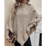 And Winter New Sweater Women's Knit Fashion Stucked High-Necked Button Bat Sleeve