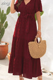 Maxi Dress Women Elegant Jacquard Sundress Female Boho Beach Green Long Dress Loose Retro Short Sleeve