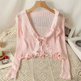 Ruffles Cardigan Slim Women Casual Transparent Sweater Shirts Lady Thin Solid Coats Female Crop