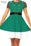 Print Women Christmas Dress Short Sleeve High Waist Big Swing Vintage Xmas Party Sundress Casual Robe