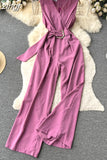 Vintage V-Neck Wide Leg Jumpsuits Women Elegant Red/Green/Orange Sleeveless High Waist Romper With Belts New Fashion