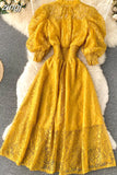 Women Lace Dress Spring Autumn Stand Collar Puff Sleeve High Waist Party Robe Female Elegant Green/Purple Midi