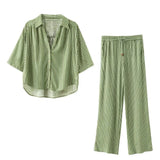 Women's 2025 Summer New Linen-Blend Striped Shirt Wide-Legged Trousers