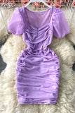 Sexy Mesh Draped Bodycon Dress Women Elegant Square Collar Short Puff Sleeve Pleated Vestidos Female