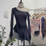 Tie Tie Net Yarn Oblique Shoulder Babes Sexy Body-On-Sleeve Horn Irregular Top