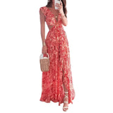 Zingj 2023 New Summer Fashion Print Lace Pleated Sleeve Dress-Outfit