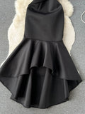 Women Black Sexy Lace Embroidered Pastchwork Party Long Dress Elegant Stand Collar Short Sleeve Ruffle Hem Maxi Robe