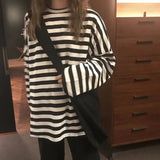 Zingj 2024 New Ins Tide Black And White Stripes Early Autumn Loose Long-Sleeved T-Shirt Schoolgirl