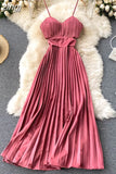Sexy Spaghetti Strap Dress Women Elegant Hollow Out High Waist Pleated Vestidos Female Party Robe New