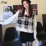 Pieces Sets Women Spring Autumn Korean Plaid Vest Knitted Sweater Sweet Girls Casual Shirts Elegant V-neck College Vintage