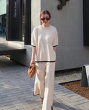 Fashion Suit Temperament Bumpy Open Fork Short-Sleeved Knit Shirt High Waist Thin Leg Trousers Two