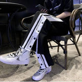 Women Patchwork Wide Leg Trousers Simple All-match Baggy Bf Basic Cool Drawstring Chic Streetwear High Waist Couple