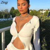 Zip Up T-shirt Ribbed Knitted Long Sleeve Strech Irregular Casual Sexy Women Spring Autumn Crop
