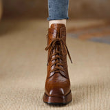 Handmade Women's Shoes 2025 Autumn And Winter New Waterproof Table Head High Heel Short Boots Thick Heel Brown