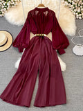 do vintage macacões outono lanterna manga longa gola de cintura alta perna larga drapeado macacão feminino elegante playsuits
