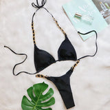 Zingj New Sexy Thong Bikini Metal Chain Rope Swimsuit Split Band Solid Color Women's