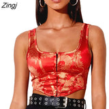 Women's Summer Streetwear Crop Top Sleeveless Square Neck Central Single-Row Clasp Animal Print Tank