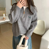 Zingj Polo Collar Half Zipper Design Jumsweater Top Women's Loose Jacket Embroidered Letters Thick Sweater-Outfit