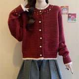 With A Soft Glutinous Nail Beads Color Short Cardigan Knitted Sweater Women's Spring And Autumn New Loose Chic
