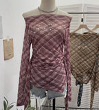 Lattice Mesh Long-Sleeved T-Shirt Irregularly Drifted Y2k Oblique Shoulder Short Top