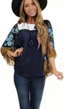 Women's Wear Bat Sleeve Print Color Swafge Round Collar Blouse