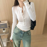 Single-Breasted White Long-Sleeved T-Shirt Women's Autumn New Stretch Slim Minority Bottomed