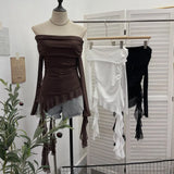 Shot A Word Shoulder Folded Top Girl Spring And Summer Side-Sleeve Strap Design French Long-Sleeved Mesh T-Shirt
