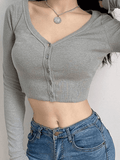 Ribbed Long Sleeve Button Crop Top- Outfit